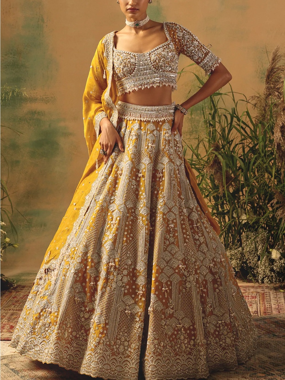 Yellow Embroidered Bridal Lehenga with Silver Detailing